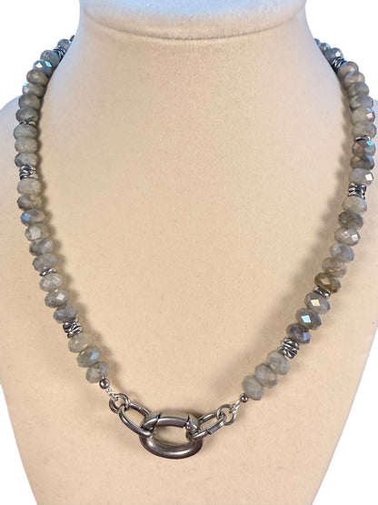 #160-Labradorite, Hematite, and Abalone Charm with S Steel Clasp